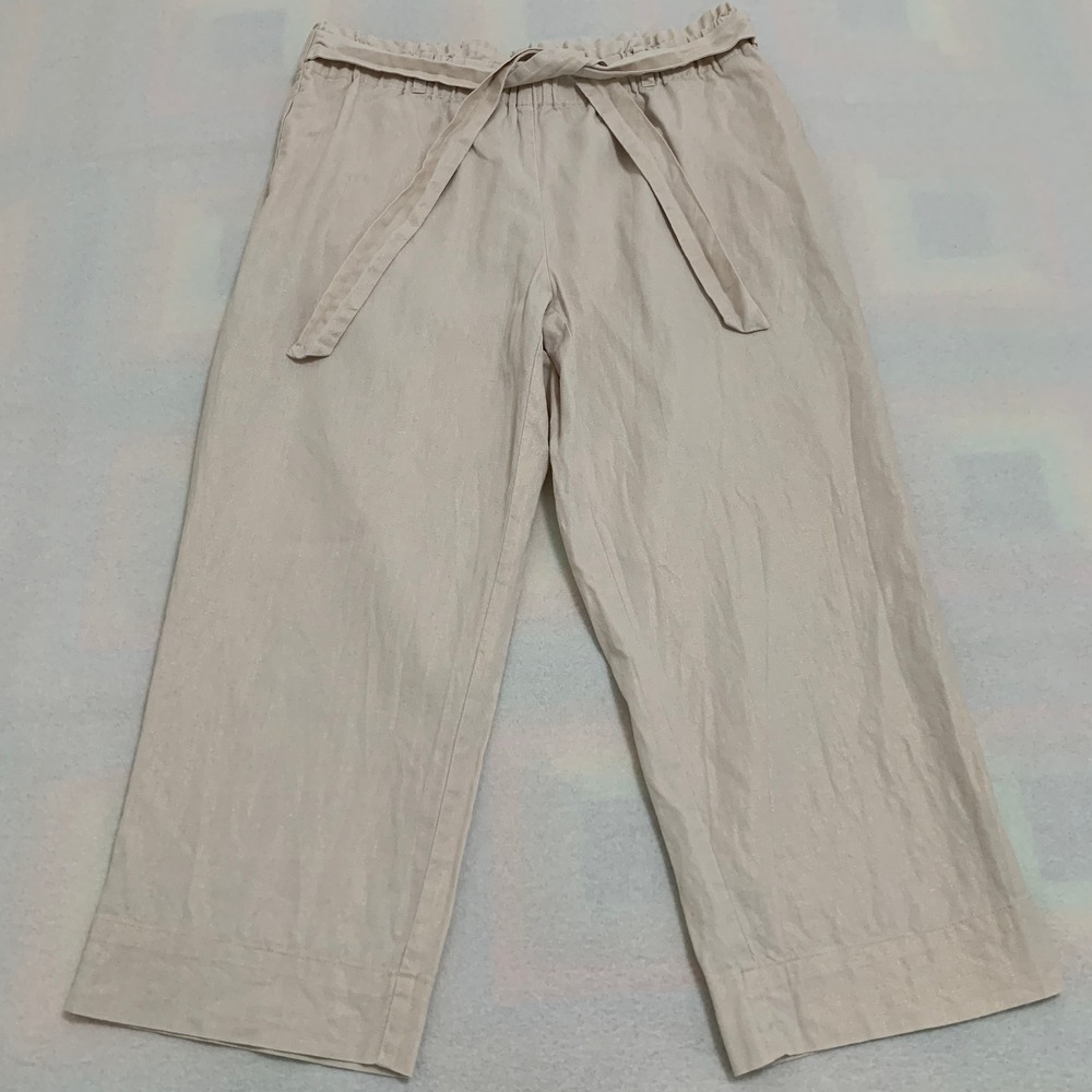 Anne Klein Wide Leg Pants Women's L Beige Pull On Tie Waist Shimmer Linen Blend